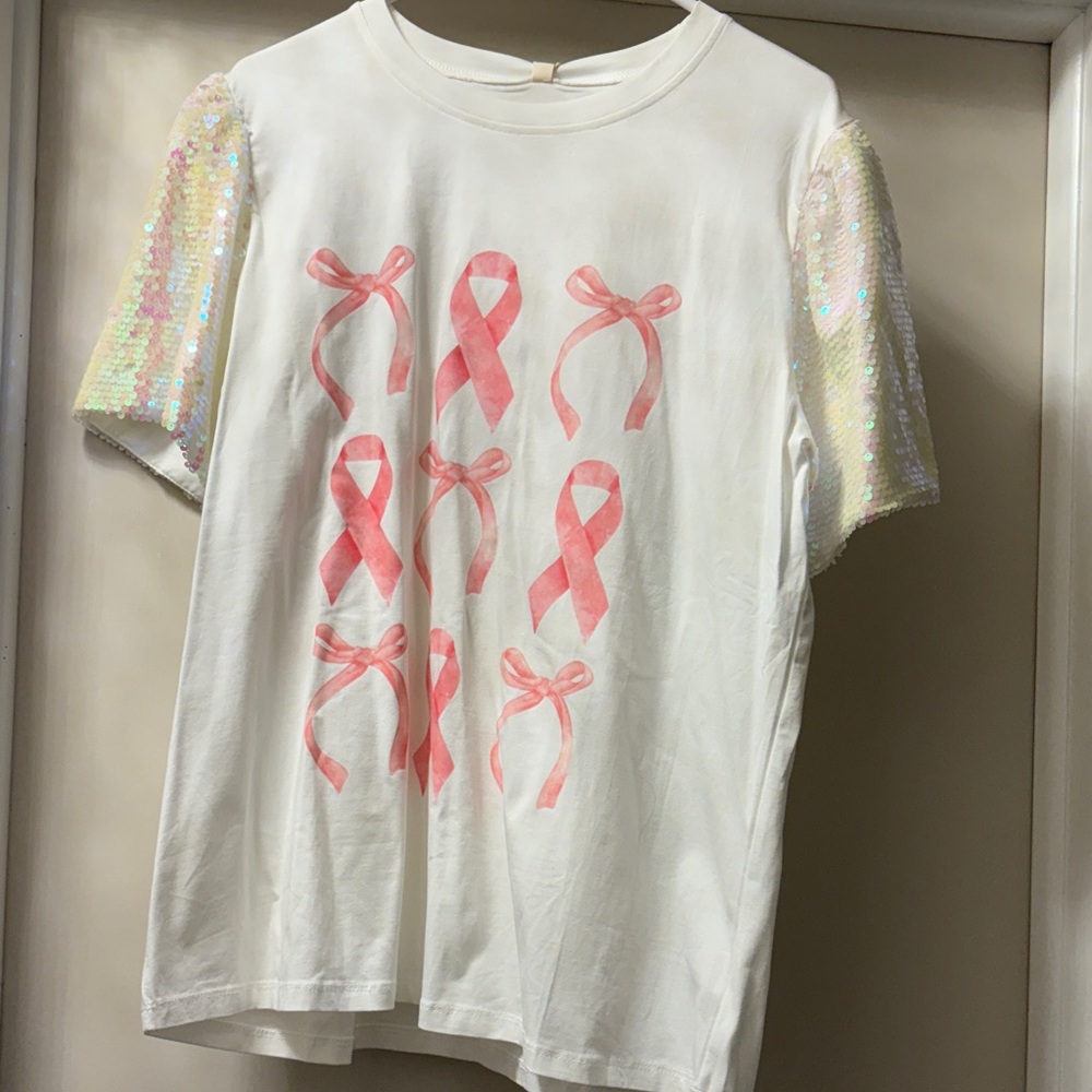 Sequin Sleeve Pink Ribbon breast cancer Shirt